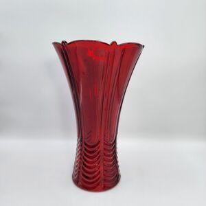 High 9.5in Embossed Flared Glass Vase Art‎ Deco Style Design Red